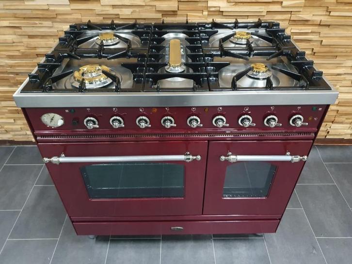 🔥Luxe Boretti Fornuis 90cm bordeaux rood & rvs 2 ovens, Elektronische apparatuur, Fornuizen, Zo goed als nieuw, Vrijstaand, Gas