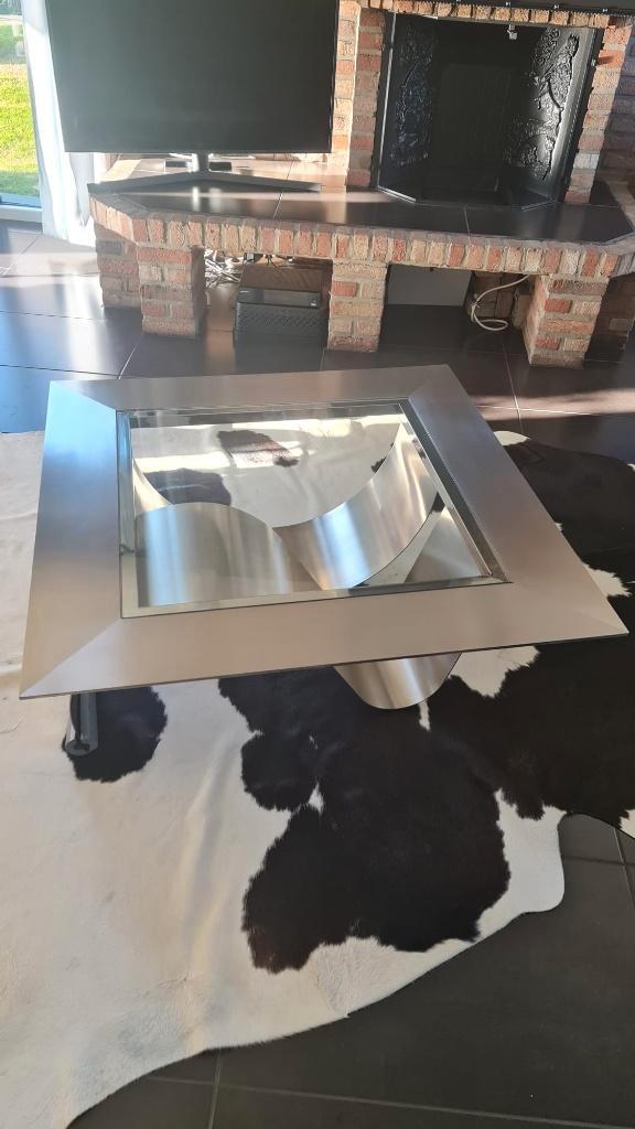 Table basse design en acier brossé et verre, Maison & Meubles, Tables | Tables de salon, Comme neuf, 50 à 75 cm, 100 à 150 cm