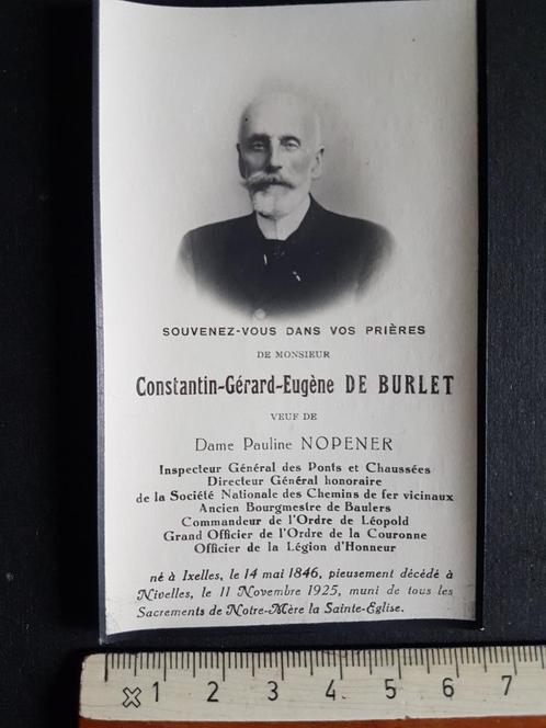 Carte de décès Constantin De Burlet Nopener Ixelles Nivelles, Collections, Images pieuses & Faire-part, Carte de condoléances