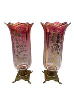 Paar kandelaars messing verguld rood glaswerk 1900, Antiek en Kunst, Ophalen of Verzenden, Glas