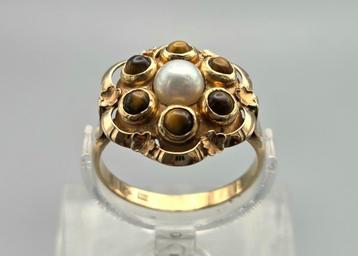 Bague ancienne en or, pierre précieuse, œil de tigre et perl, Bijoux, Sacs & Beauté, Enlèvement ou Envoi, Or, Bague, Avec pierre précieuse