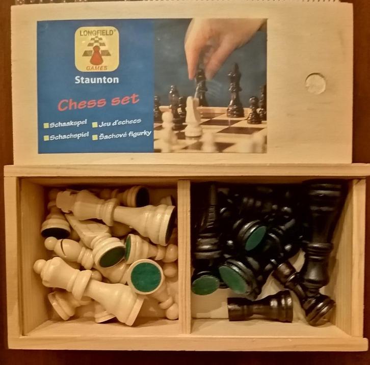 Houten doos complete set schaakstukken Longfield Staunton, Hobby en Vrije tijd, Gezelschapsspellen | Bordspellen, Nieuw, Een of twee spelers