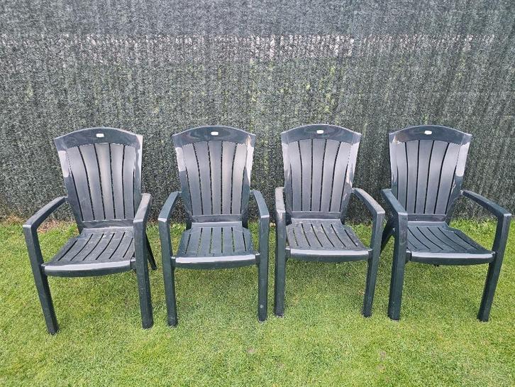 4x Jardin tuinstoel Santorini donker blauw 65x61x99cm, Tuin en Terras, Tuinstoelen, Zo goed als nieuw, Plastic, Stapelbaar, Ophalen