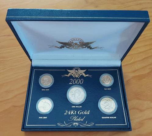 USA 2000 - 5 Pieces 24Kt Gold Plated Coin Set in Box, Timbres & Monnaies, Monnaies | Amérique, Série, Amérique du Nord, Envoi