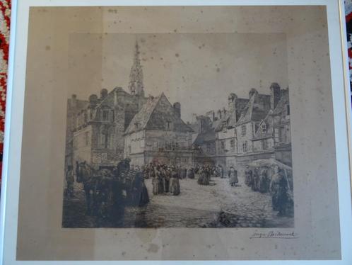 Gravure van De Place Terne-au-Duc in Quimper door GEORGES MA, Antiek en Kunst, Kunst | Etsen en Gravures, Ophalen of Verzenden