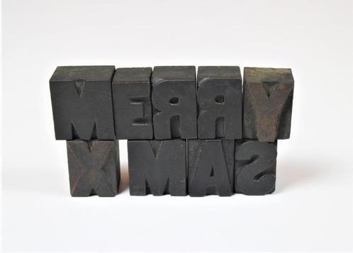 Merry Xmas in oude houten letters, Antiek en Kunst, Curiosa en Brocante, Ophalen of Verzenden