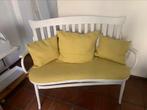 Banc en bois recouvert de tissu jaune + 3 coussins assortis, Ophalen, Zo goed als nieuw, Hout