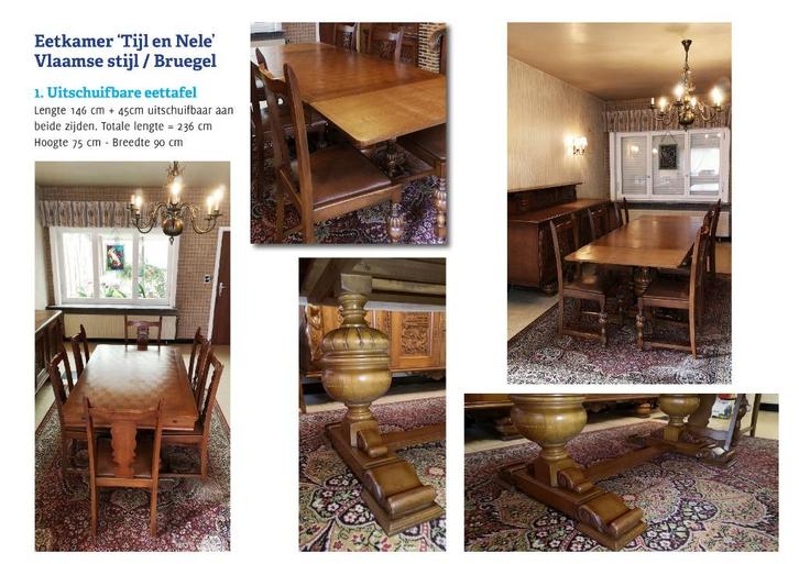 Eetkamer ‘Tijl en Nele’ met houtsnijwerk, Huis en Inrichting, Complete eetkamers, Gebruikt, 6 tot 8 stoelen, Ophalen