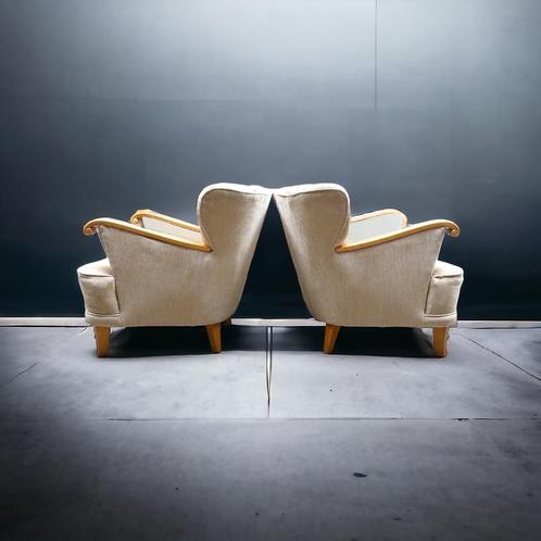 Zeldzame ‘Zweedse Moderne’ cocktail/lounge fauteuils1940-50s, Huis en Inrichting, Fauteuils, Gebruikt, Hout, Stof, 50 tot 75 cm