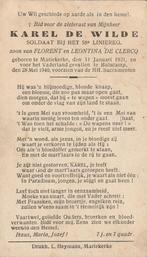 Gesneuvelde Karel De Wilde Bulscamp 28.05.1940, Collections, Images pieuses & Faire-part, Enlèvement ou Envoi