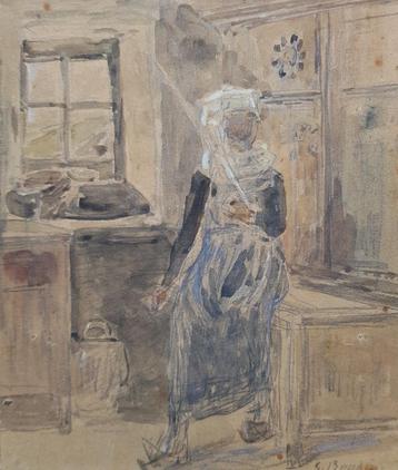 Eugène BOUDIN - Aquarel 1870 - Bretons beschikbaar voor biedingen
