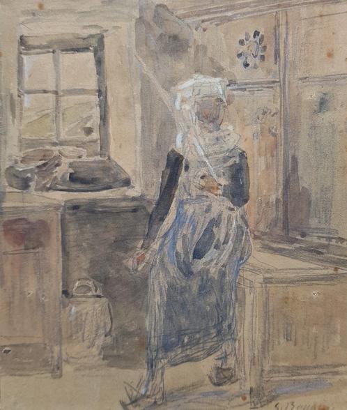 Eugène BOUDIN - Aquarel 1870 - Bretons, Antiek en Kunst, Kunst | Schilderijen | Klassiek, Verzenden