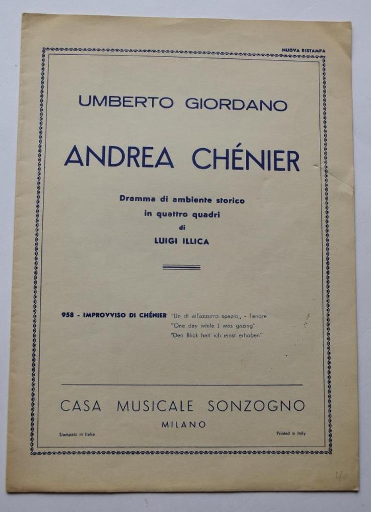 ANDREA CHENIER Umberto Giordano opera partituur tenor 1957, Boeken, Muziek, Gelezen, Ophalen of Verzenden