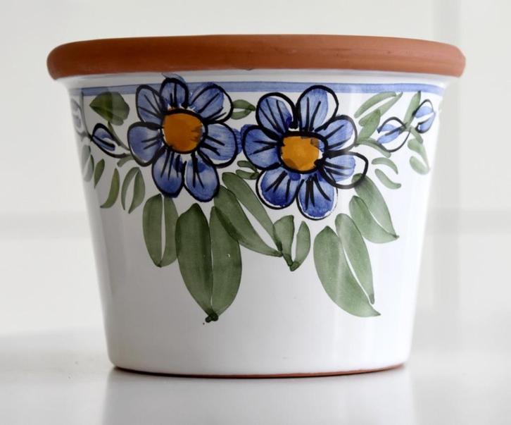 Lief bloempotje met blauwe bloemen, Tuin en Terras, Bloempotten, Zo goed als nieuw, Aardewerk, Binnen, Minder dan 40 cm, Minder dan 25 cm