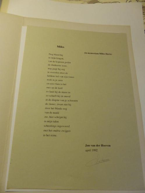 van der HOEVEN, J, afdruk gedicht 'in mem. Miles Davis' jazz, Antiek en Kunst, Kunst | Litho's en Zeefdrukken, Ophalen of Verzenden