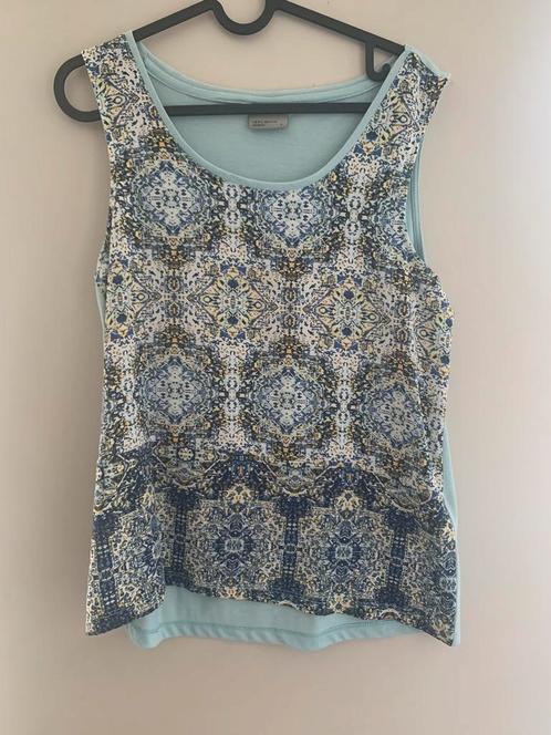 Blauw topje met print, Kleding | Dames, Topjes, Zo goed als nieuw, Maat 36 (S), Blauw, Zonder mouw, Ophalen of Verzenden