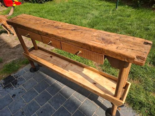 Side table met authentiek werkblad in beuk, Huis en Inrichting, Tafels | Bijzettafels, Gebruikt, Ophalen