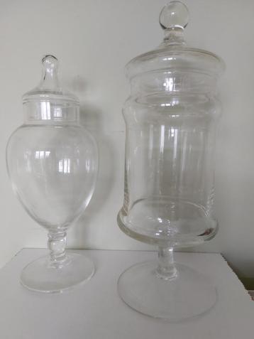 Deux pots à bonbons d'apothicaire vintage en verre avec couv, Enlèvement ou Envoi