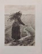 Edgar Farasyn houtsprokkelaarster ets 1890 gesigneerd, Antiek en Kunst, Ophalen of Verzenden