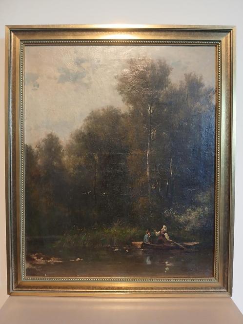 Rivierzicht met koppel in boot – 19e eeuw – Gesigneerd, Antiek en Kunst, Kunst | Schilderijen | Klassiek, Ophalen of Verzenden