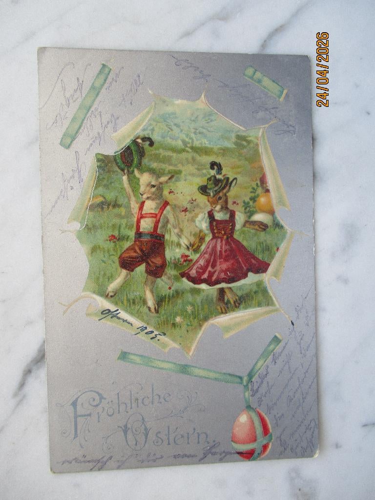 Pasen koppel schapen verkleed in Tirolkostuum  ei 1905, Verzamelen, Verzenden, Voor 1920, Gelopen, Feest(dag)