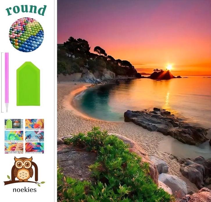 nr 237 Diamond Painting strand zonsondergang 40x30cm (rond), Hobby en Vrije tijd, Knutselen, Nieuw, Diamond painting, Educatief