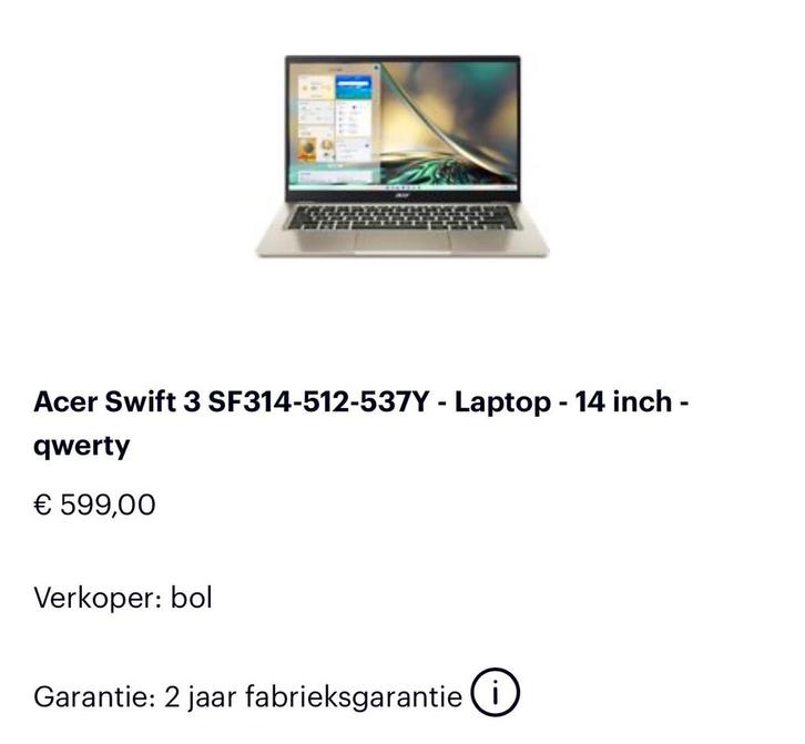 Acer Swift 3, Computers en Software, Windows Laptops, Gebruikt, 14 inch, SSD, Onbekend, 16 GB, Qwerty, Met videokaart, Gaming