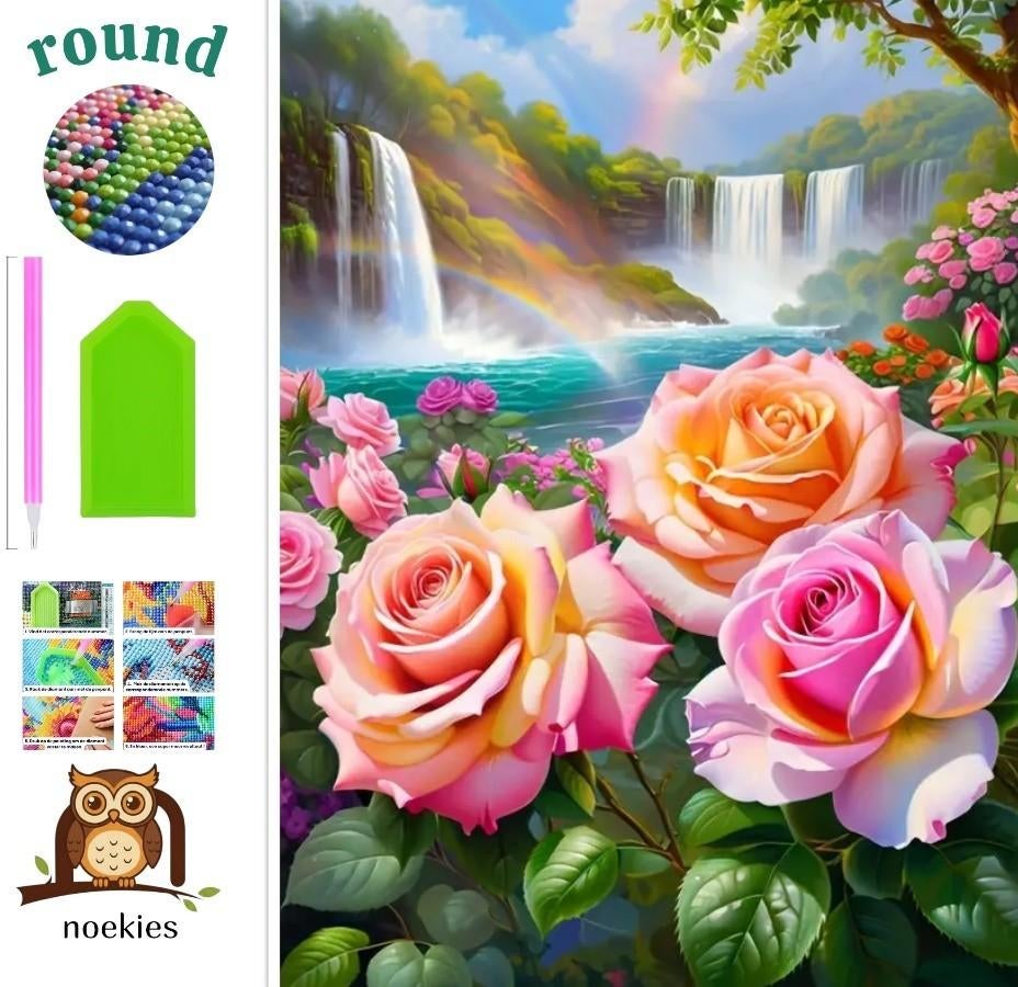 N 223 Diamond Painting Rose cascades 40x30cm (rondes), Neuf, Autocollant, Diamond painting, Natuur en Bloemen