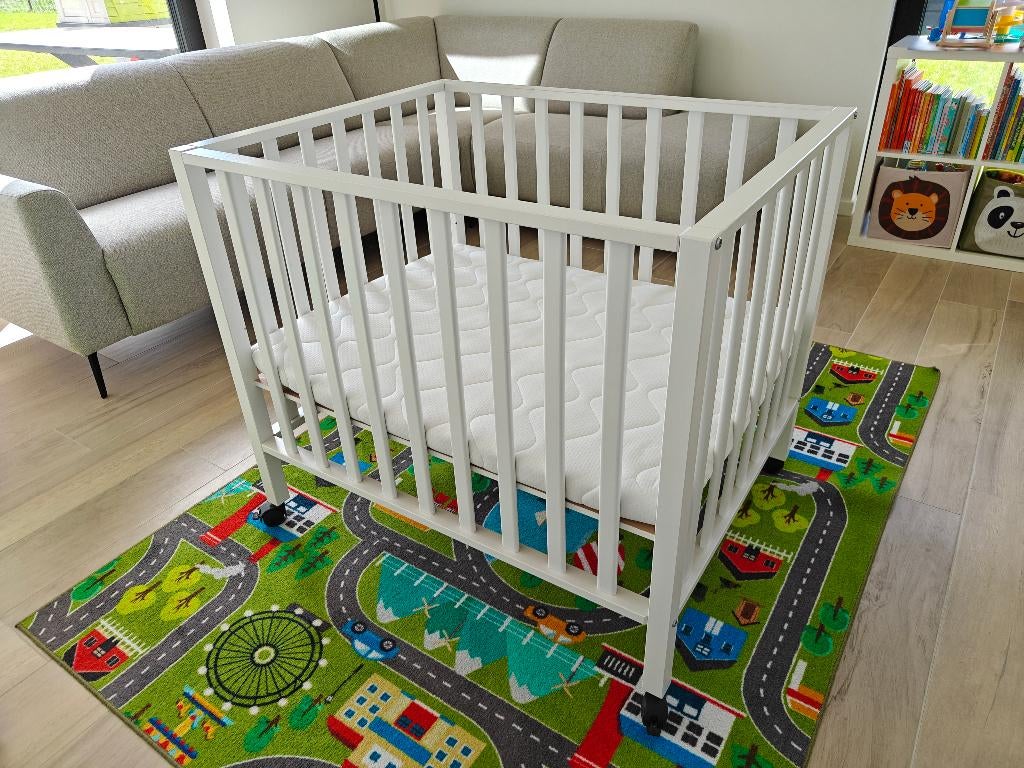 Park op wieltjes + Matras en toebehoren, Ophalen, Gebruikt, Rechthoekig, In hoogte verstelbaar