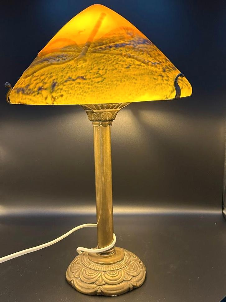 Art Nouveau tafellamp libelle – bronzen voet & glas, Antiquités & Art, Antiquités | Éclairage, Enlèvement ou Envoi
