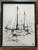 oude 20e-eeuwse gravure van een boot en een haven Duvel?, Verzamelen, Scheepvaart, Gebruikt, Ophalen of Verzenden