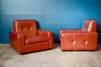 Paire de fauteuils club italiens cognac design en skaï rouge, Ophalen