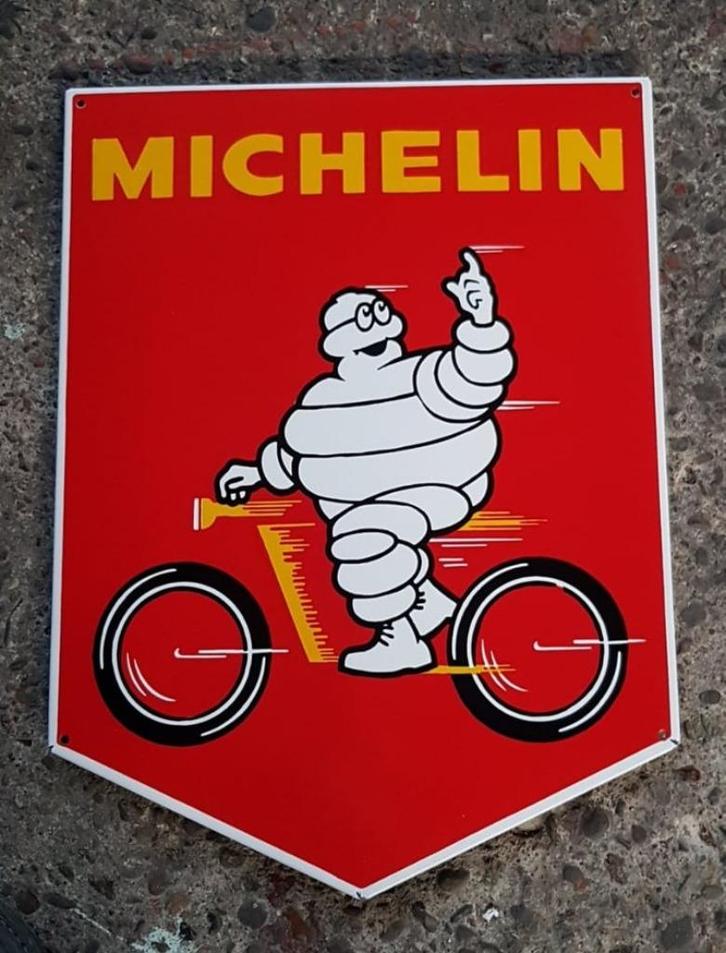 Michelin Bibendum fiets emaillen reclame decoratie borden, Collections, Marques & Objets publicitaires, Comme neuf, Panneau publicitaire