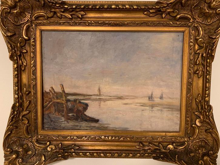 Marine – huile sur panneau “Ar. Jamar” (1916) – 47×33 cm, Antiek en Kunst, Kunst | Schilderijen | Klassiek, Ophalen