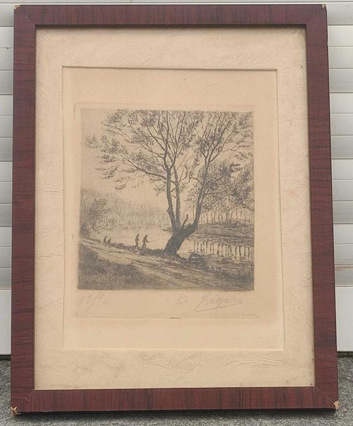 Eau forte pecheur signe Albert Gustave Grégoire, Antiek en Kunst, Kunst | Etsen en Gravures, Ophalen of Verzenden