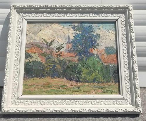 huile sur panneau village signe, Antiek en Kunst, Kunst | Schilderijen | Klassiek, Ophalen of Verzenden
