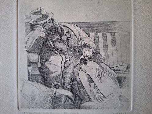 Ets Jaak of Jacques Gorus clochard zittend op een bank, Antiek en Kunst, Kunst | Etsen en Gravures, Ophalen of Verzenden