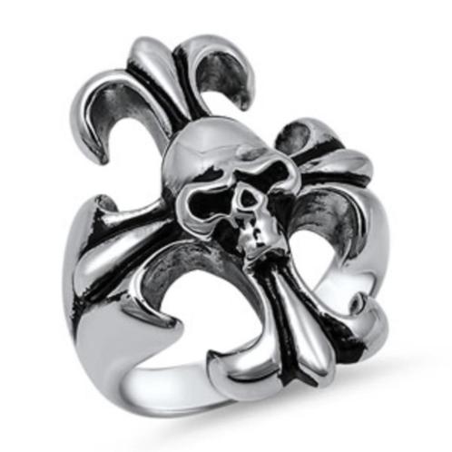 Stalen biker ring met kruis & doodskop, Handtassen en Accessoires, Ringen, Nieuw, Heer, 20 of groter, Zilver, IJzer of Staal, Ophalen of Verzenden