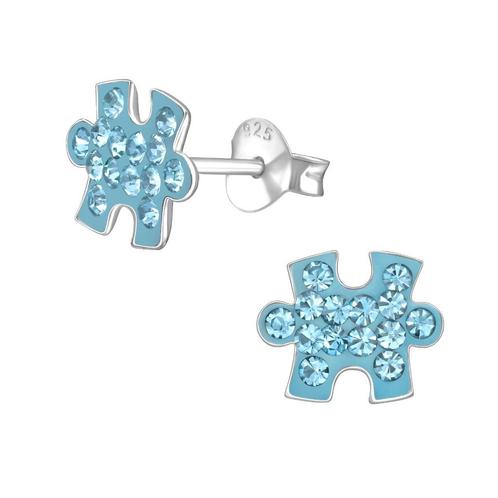 Zilveren kinderoorbellen puzzelstuk kristal - Aqua, Handtassen en Accessoires, Kindersieraden, Nieuw, Oorbellen, Ophalen of Verzenden