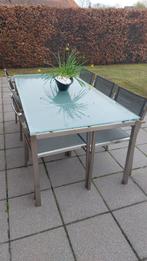 Tuintafel met glazen blad en 7 stoelen, Tuin en Terras, Tuintafels, Gebruikt, Rechthoekig, Ophalen, Aluminium