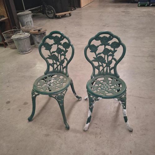 Set aluminium bistrostoelen met rozenmotief, Tuin en Terras, Tuinstoelen, Gebruikt, Aluminium, Ophalen of Verzenden
