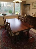 Retro - vintage tafel met 6 stoelen en 2 verlengstukken, Huis en Inrichting, Gebruikt, Eikenhout, Ophalen