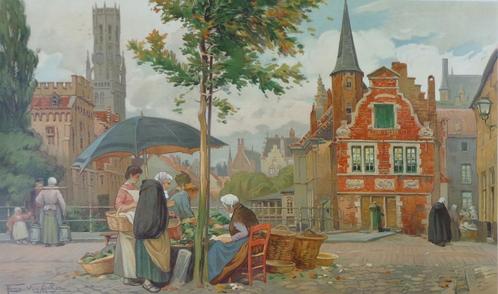 FLOR VAN ACKER / BRUGGE MARKTTAFEREEL / CHROMOLITHO 71x110cm, Antiek en Kunst, Kunst | Litho's en Zeefdrukken, Ophalen of Verzenden