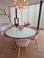Zeer mooie ronde glazen tafel met gouden metalen onderstel, Ophalen, Gebruikt