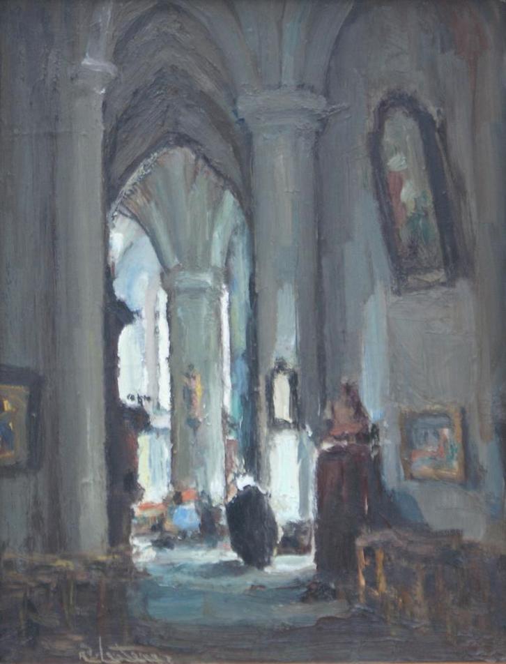 Richard Leutenez (1884-1960): Kerkinterieur (O/D, 41x51cm), Antiek en Kunst, Kunst | Schilderijen | Klassiek, Ophalen of Verzenden