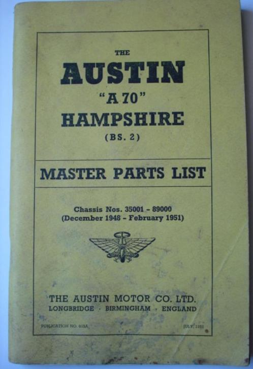 Austin A70 Hampshire BS.2 Master parts list 1948-1951, Auto diversen, Handleidingen en Instructieboekjes, Verzenden