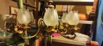 Mooie antieke hout en koper luster met glazen kapjes, Maison & Meubles, Lampes | Lustres, Romantisch, Enlèvement, Utilisé, Métal