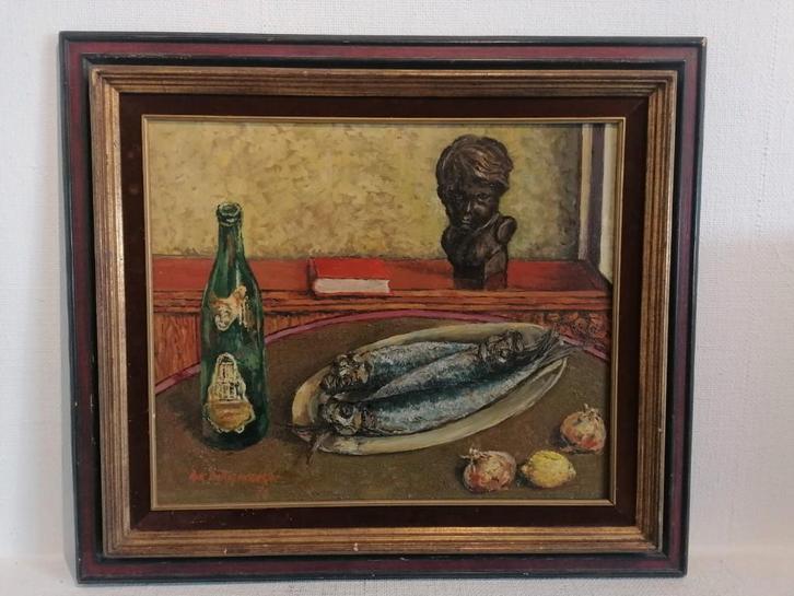 Stilleven met vis, fles en borstbeeld – Olie op doek, Antiek en Kunst, Kunst | Schilderijen | Klassiek, Ophalen