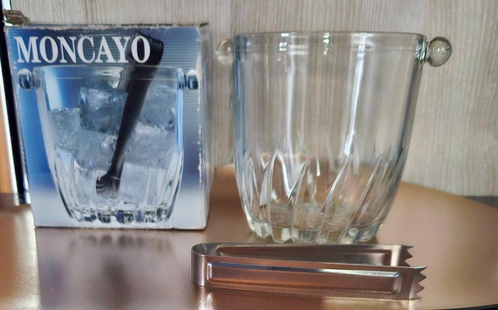 Seau à glace en verre + pince DELVABOR Italie, Antiquités & Art, Antiquités | Verre & Cristal, Enlèvement ou Envoi