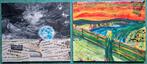 Duo peintures collage et acrylique 'le monde va mal', Antiquités & Art, Enlèvement ou Envoi